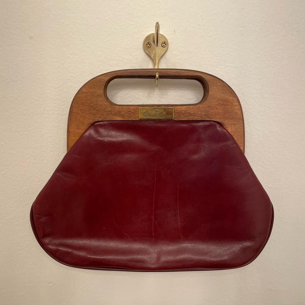 Vintage 70s Etienne Aigner Oxblood Red Leather Clutch Handbag Wood Handle